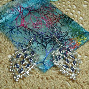 Blue Topaz Small Crystals Filigree Long Dangle Silverplate Earrings